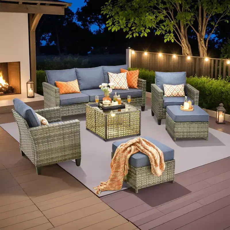 HOMLUX Outdoor 6-Piece Sofa Set w/ Ottomans & Rattan Coffee Table, Ergonomic Gray Design