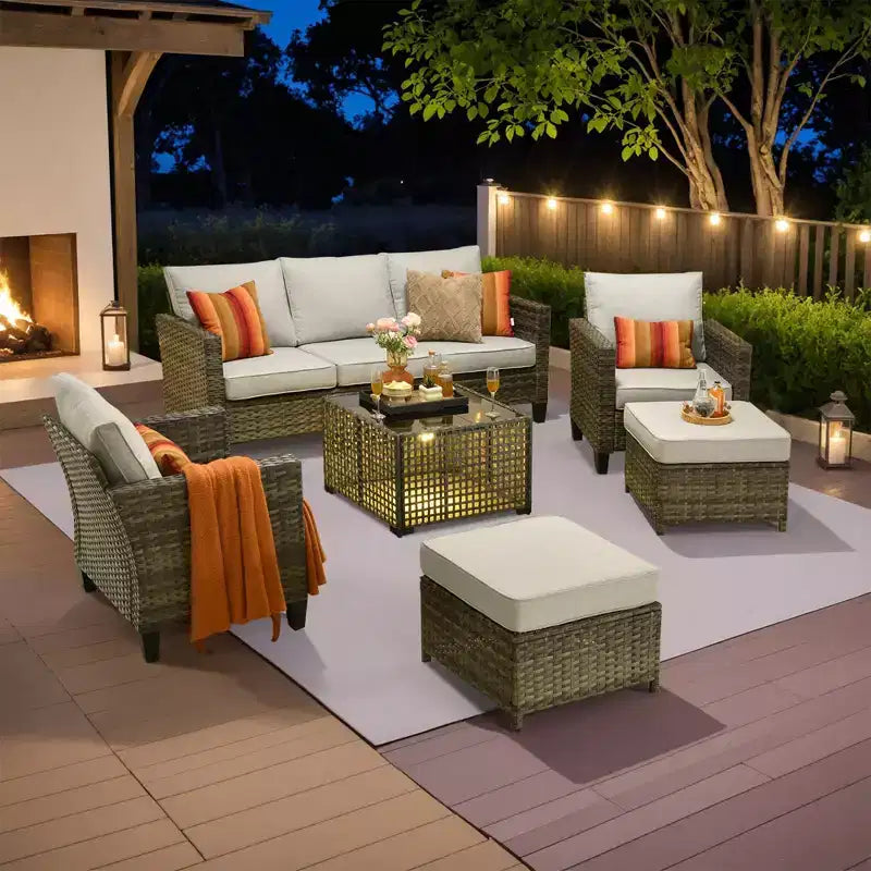HOMLUX Outdoor 6-Piece Sofa Set w/ Ottomans & Rattan Coffee Table, Ergonomic Gray Design