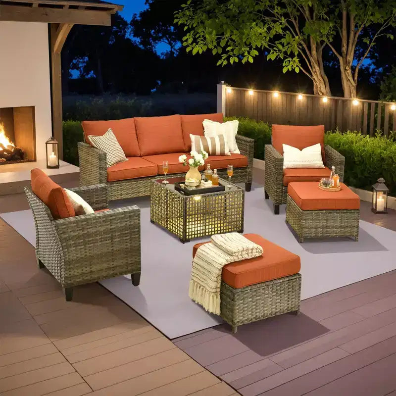 HOMLUX Outdoor 6-Piece Sofa Set w/ Ottomans & Rattan Coffee Table, Ergonomic Gray Design