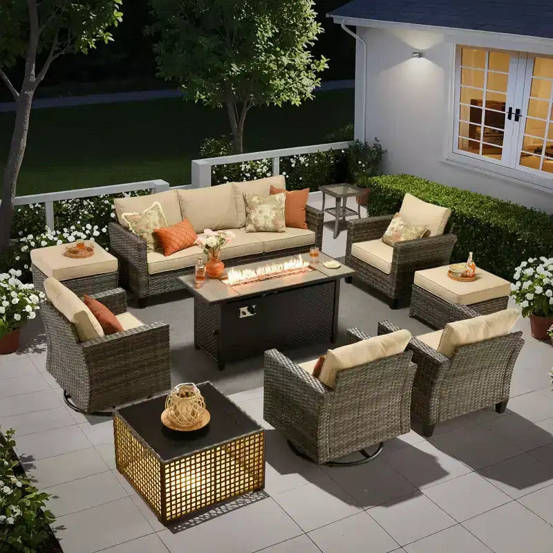 HOMLUX 10-Piece Patio Seating Bundle with 54 Fire Pit Table and Swivel Chairs Set