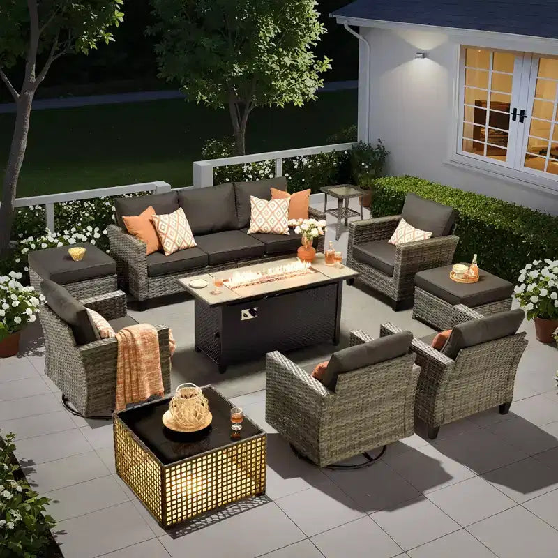 HOMLUX 10-Piece Patio Seating Bundle with 54 Fire Pit Table and Swivel Chairs Set
