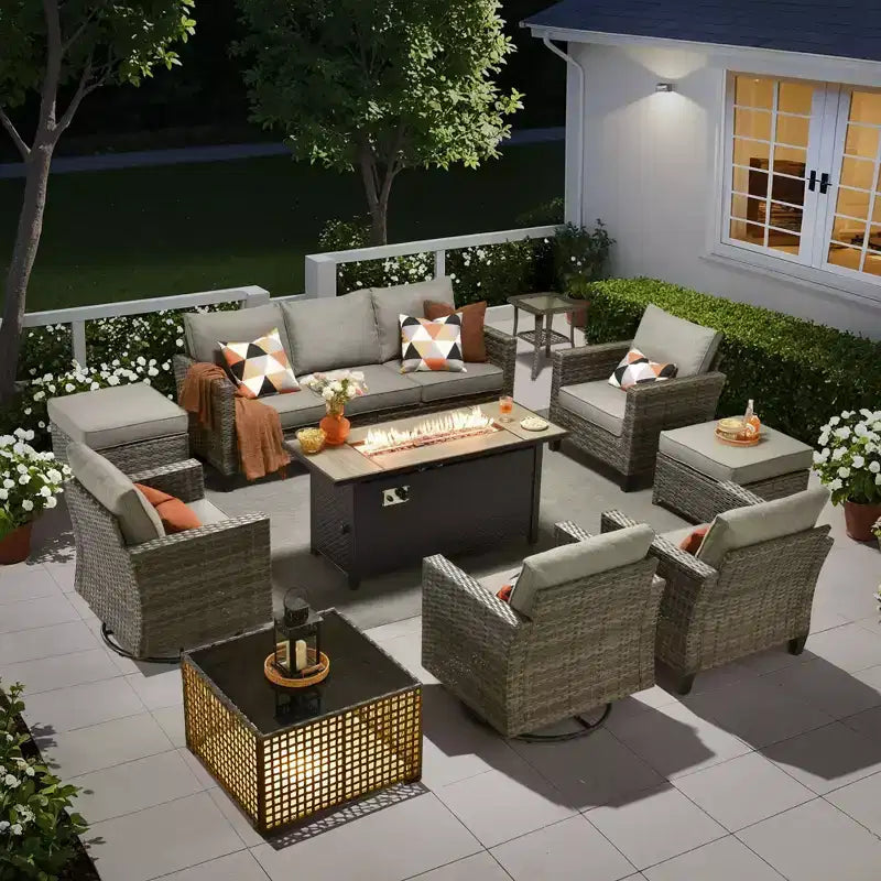 HOMLUX 10-Piece Patio Seating Bundle with 54 Fire Pit Table and Swivel Chairs Set