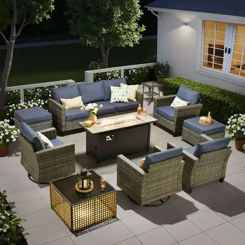 HOMLUX 10-Piece Patio Seating Bundle with 54 Fire Pit Table and Swivel Chairs Set