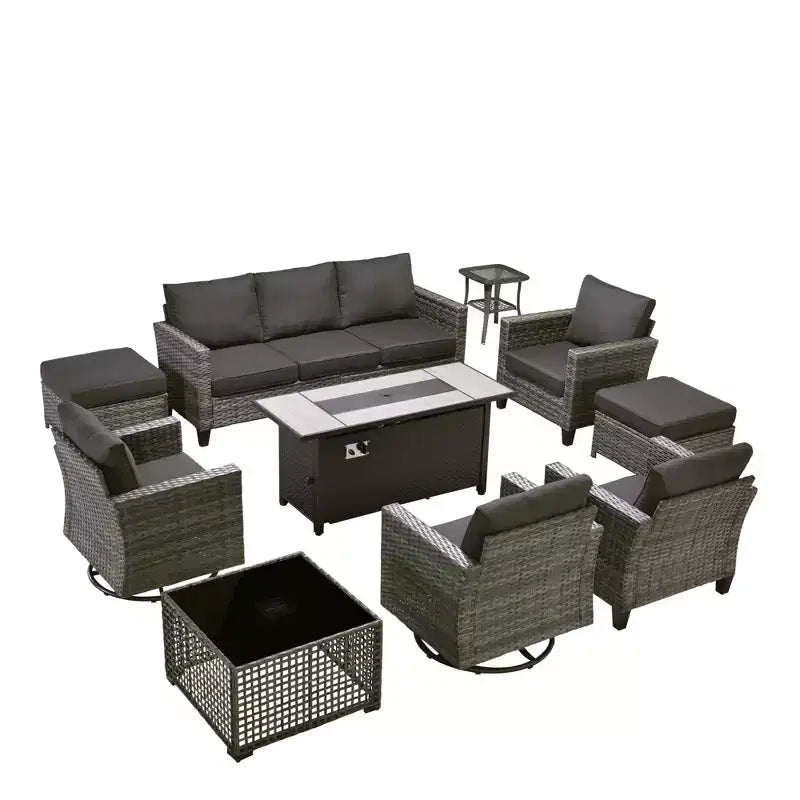HOMLUX 10-Piece Patio Seating Bundle with 54 Fire Pit Table and Swivel Chairs Set