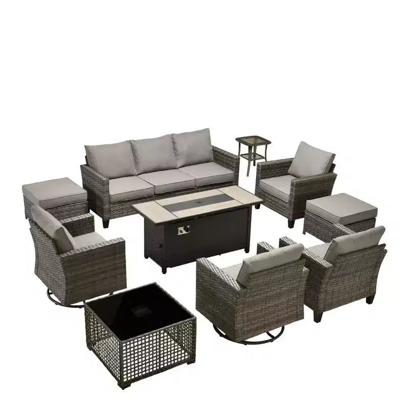 HOMLUX 10-Piece Patio Seating Bundle with 54 Fire Pit Table and Swivel Chairs Set