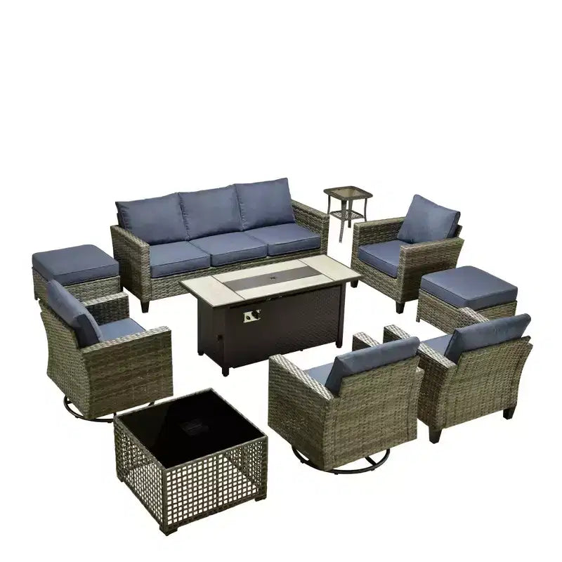 HOMLUX 10-Piece Patio Seating Bundle with 54 Fire Pit Table and Swivel Chairs Set