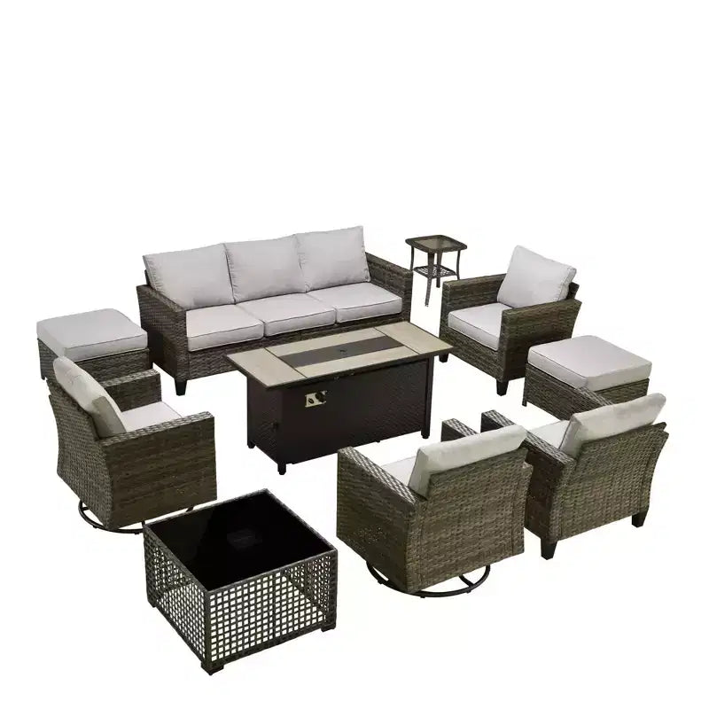HOMLUX 10-Piece Patio Seating Bundle with 54 Fire Pit Table and Swivel Chairs Set