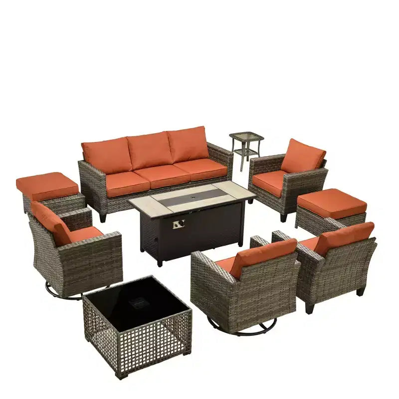 HOMLUX 10-Piece Patio Seating Bundle with 54 Fire Pit Table and Swivel Chairs Set