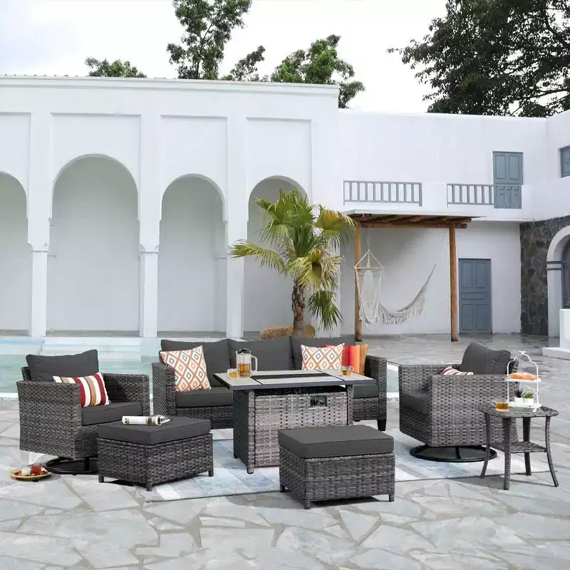 HOMLUX 7-Pc Outdoor Patio Set with Fire Pit Table, Sofa, Swivel Chairs & Ottoman