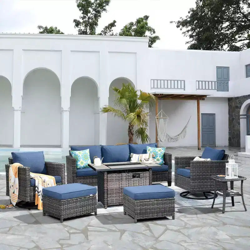 HOMLUX 7-Pc Outdoor Patio Set with Fire Pit Table, Sofa, Swivel Chairs & Ottoman