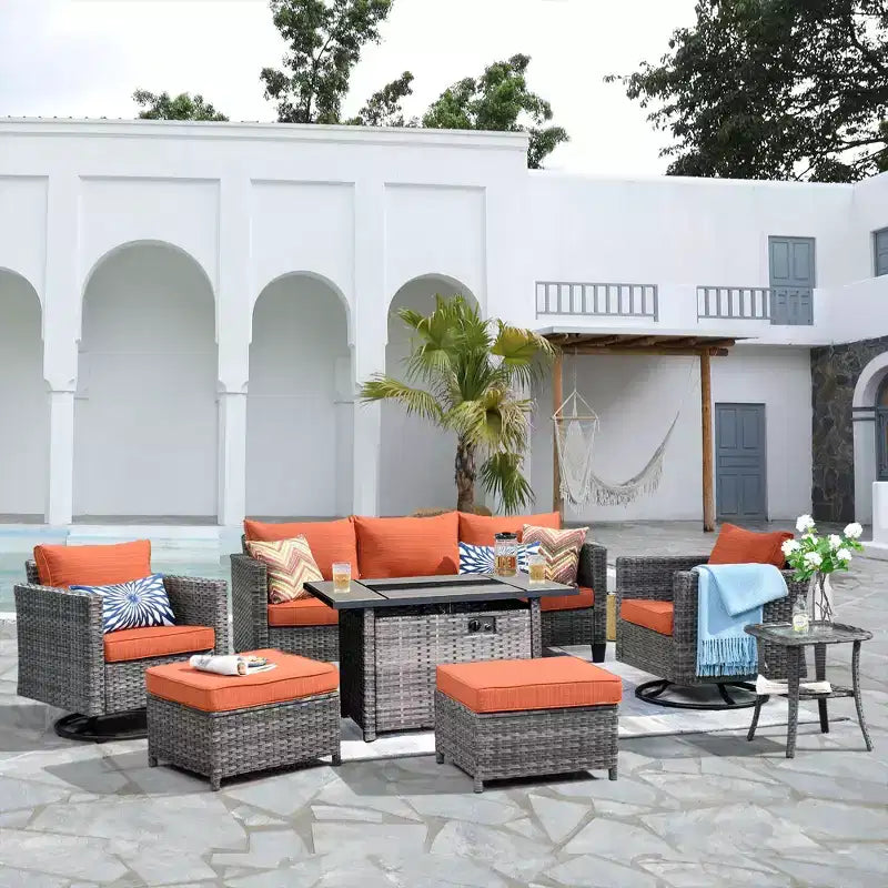 HOMLUX 7-Pc Outdoor Patio Set with Fire Pit Table, Sofa, Swivel Chairs & Ottoman