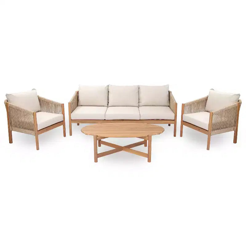 Christopher Knight Home Adewale Modern 4 Piece Patio Acacia Set with Cushion, Slatted Table and Rope Design