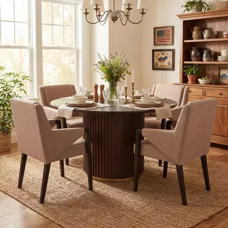 Christopher Knight Home Arvind Modern 5 Piece Rubberwood Linen Upholstered Dining Set with Round Table