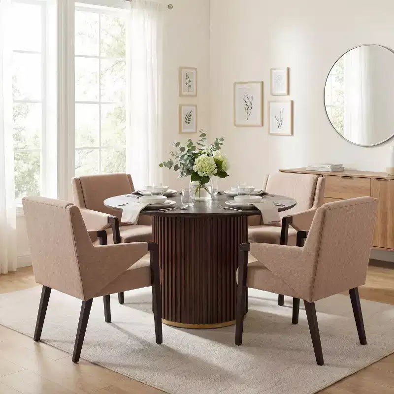 Christopher Knight Home Arvind Modern 5 Piece Rubberwood Linen Upholstered Dining Set with Round Table