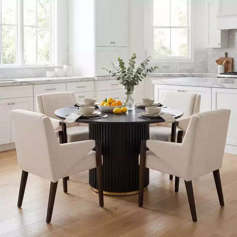 Christopher Knight Home Arvind Modern 5 Piece Rubberwood Linen Upholstered Dining Set with Round Table