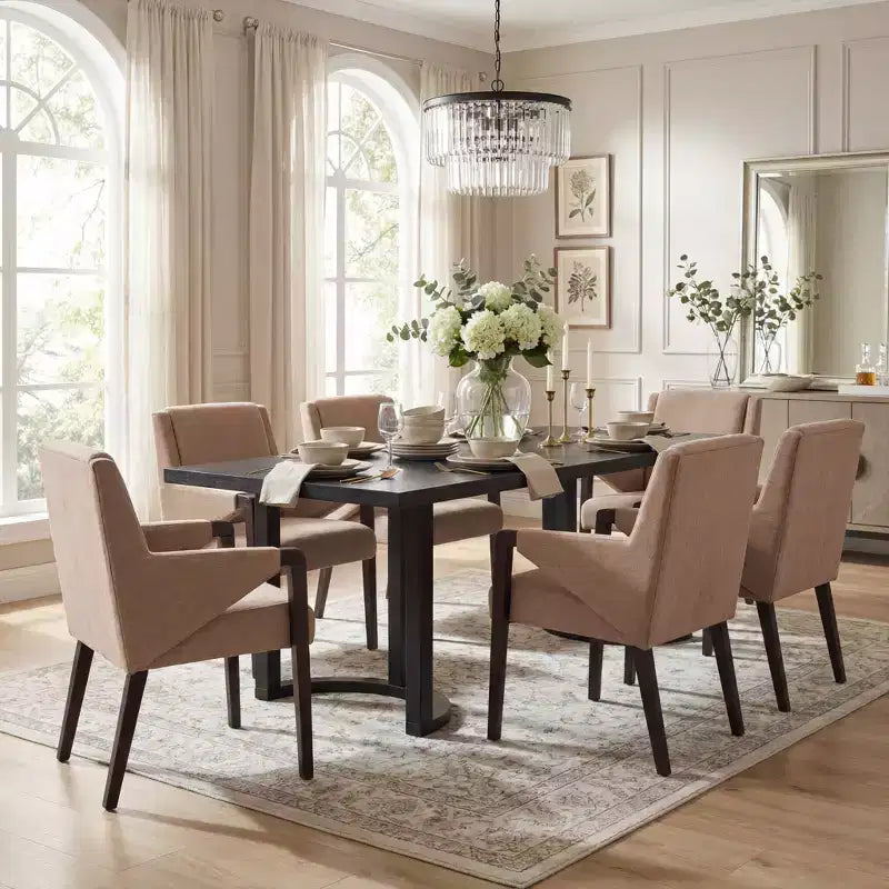 Christopher Knight Home Harish Modern 7 Piece Rubberwood Linen Upholstered Dining Set with Rectangular Table