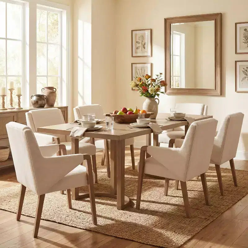 Christopher Knight Home Harish Modern 7 Piece Rubberwood Linen Upholstered Dining Set with Rectangular Table