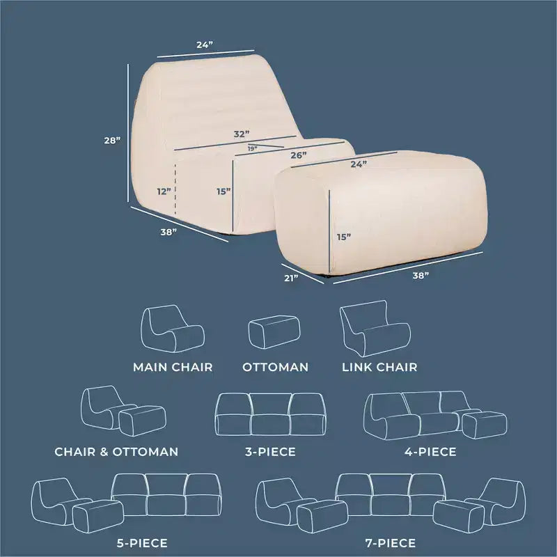 Big Joe Solvana Outdoor Patio Furniture Set, Performance Linen Weather-Resistant Fabric Chair and Ottoman, 2 Piece Sectional, Sunlit Cream