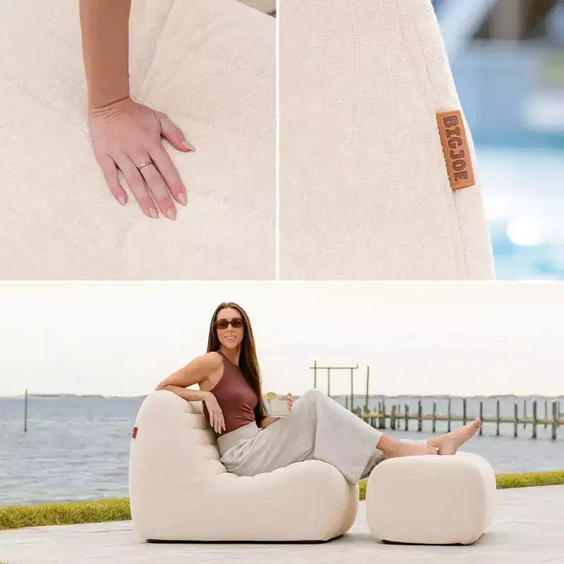 Big Joe Solvana Outdoor Patio Furniture Set, Performance Linen Weather-Resistant Fabric Chair and Ottoman, 2 Piece Sectional, Sunlit Cream