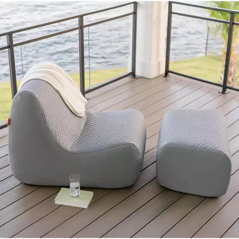 Big Joe Solvana Outdoor Patio Furniture Set, Weather-Resistant Cool Touch Silicone Stitched Leather Chair and Ottoman, 2 Piece Sectional, Moonlit Gray