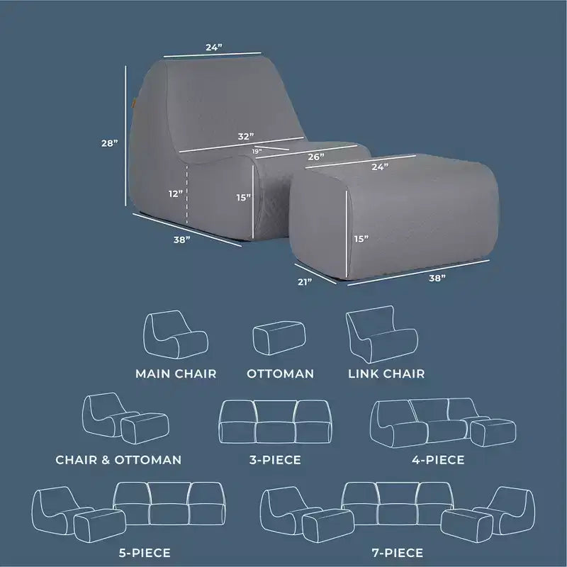 Big Joe Solvana Outdoor Patio Furniture Set, Weather-Resistant Cool Touch Silicone Stitched Leather Chair and Ottoman, 2 Piece Sectional, Moonlit Gray