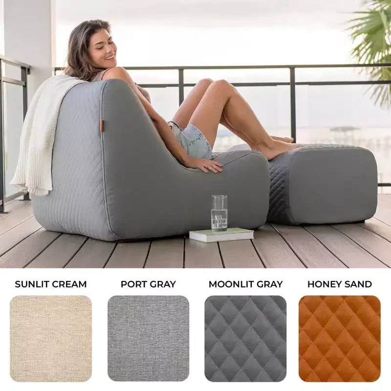 Big Joe Solvana Outdoor Patio Furniture Set, Weather-Resistant Cool Touch Silicone Stitched Leather Chair and Ottoman, 2 Piece Sectional, Moonlit Gray