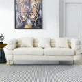 Canapé Art Déco 3 places en tissu Teddy, 3 coussins lombaires et pieds en métal doré — 205 cm