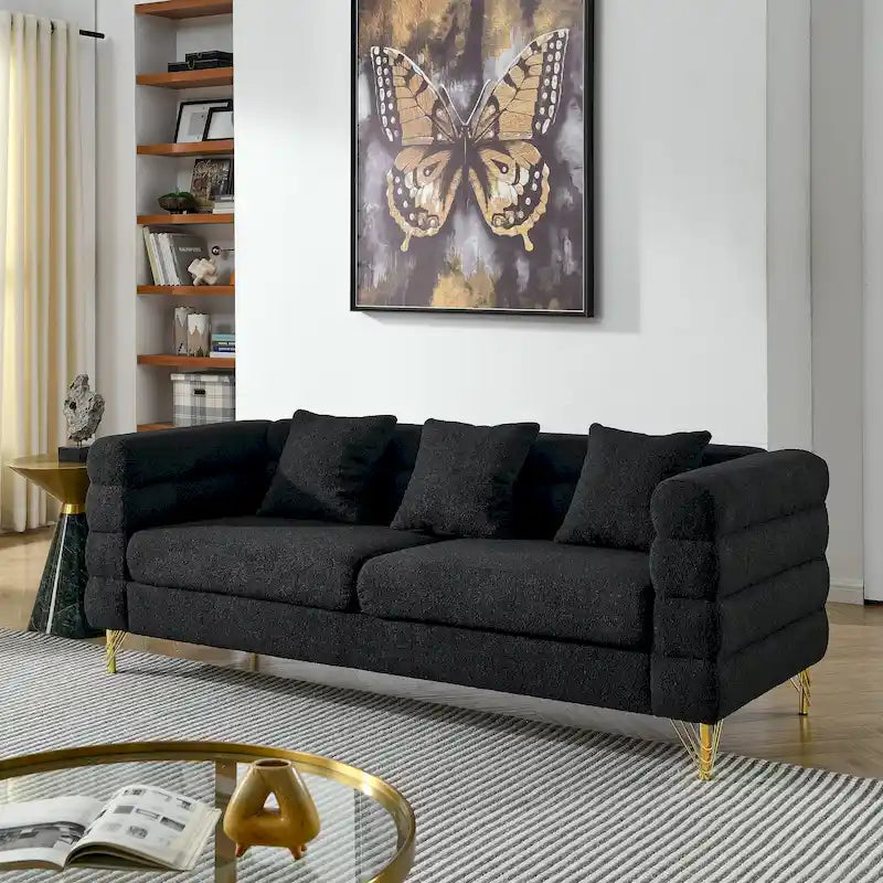 Canapé Art Déco 3 places en tissu Teddy, 3 coussins lombaires et pieds en métal doré — 205 cm