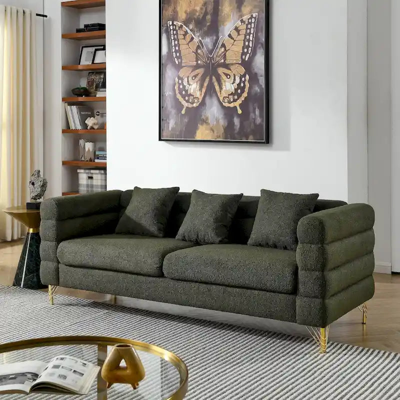 Canapé Art Déco 3 places en tissu Teddy, 3 coussins lombaires et pieds en métal doré — 205 cm