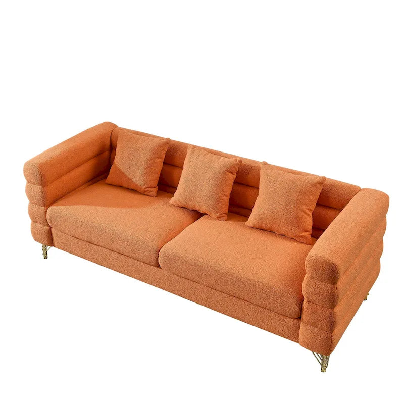 Canapé Art Déco 3 places en tissu Teddy, 3 coussins lombaires et pieds en métal doré — 205 cm