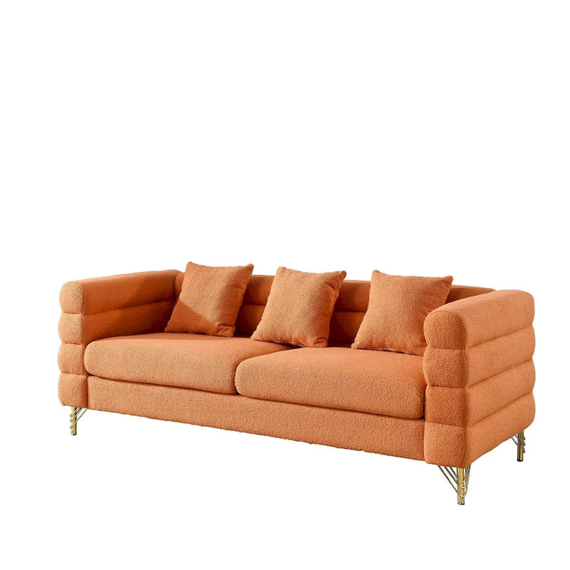 Canapé Art Déco 3 places en tissu Teddy, 3 coussins lombaires et pieds en métal doré — 205 cm