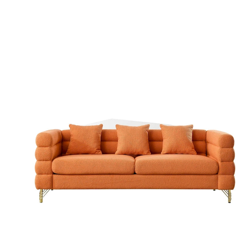 Canapé Art Déco 3 places en tissu Teddy, 3 coussins lombaires et pieds en métal doré — 205 cm