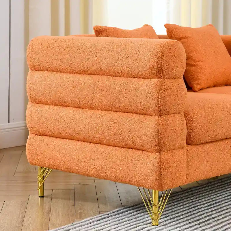 Canapé Art Déco 3 places en tissu Teddy, 3 coussins lombaires et pieds en métal doré — 205 cm