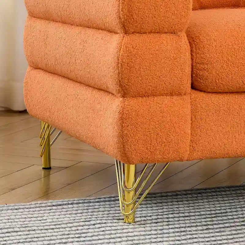 Canapé Art Déco 3 places en tissu Teddy, 3 coussins lombaires et pieds en métal doré — 205 cm