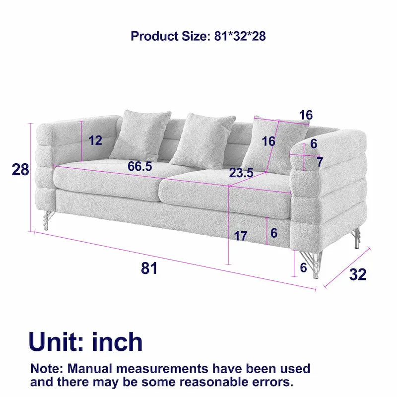 Canapé Art Déco 3 places en tissu Teddy, 3 coussins lombaires et pieds en métal doré — 205 cm