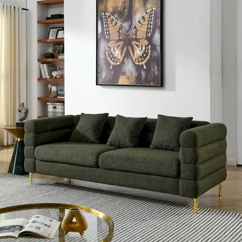 Canapé Art Déco 3 places en tissu Teddy, 3 coussins lombaires et pieds en métal doré — 205 cm