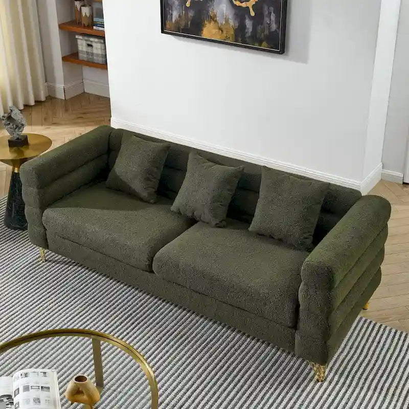 Canapé Art Déco 3 places en tissu Teddy, 3 coussins lombaires et pieds en métal doré — 205 cm