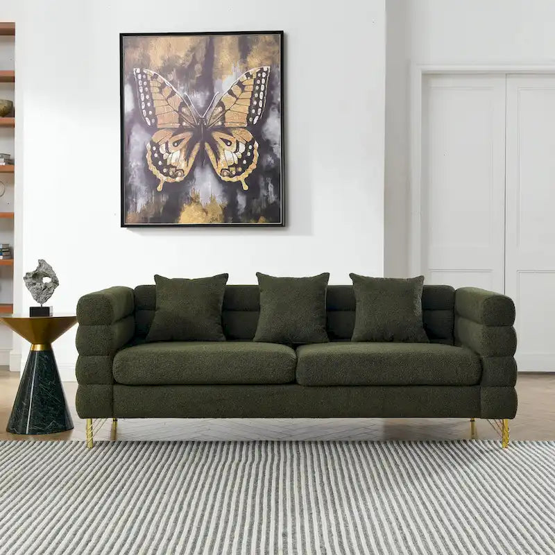 Canapé Art Déco 3 places en tissu Teddy, 3 coussins lombaires et pieds en métal doré — 205 cm