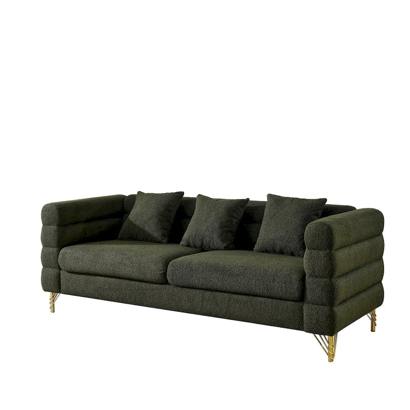 Canapé Art Déco 3 places en tissu Teddy, 3 coussins lombaires et pieds en métal doré — 205 cm