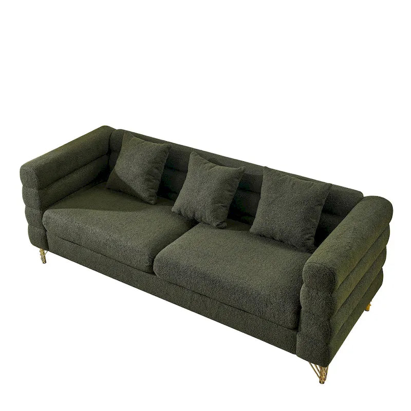 Canapé Art Déco 3 places en tissu Teddy, 3 coussins lombaires et pieds en métal doré — 205 cm