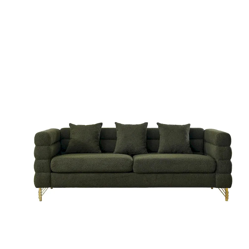 Canapé Art Déco 3 places en tissu Teddy, 3 coussins lombaires et pieds en métal doré — 205 cm