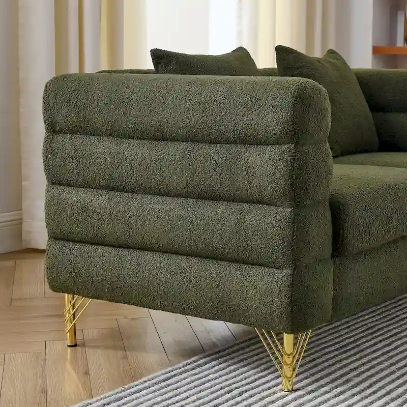 Canapé Art Déco 3 places en tissu Teddy, 3 coussins lombaires et pieds en métal doré — 205 cm