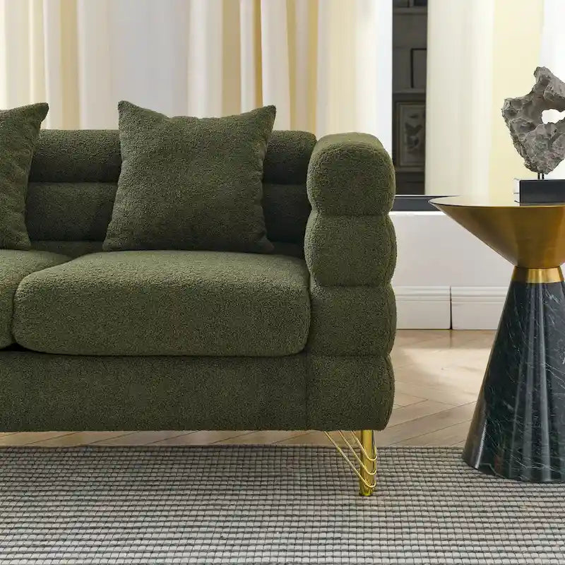Canapé Art Déco 3 places en tissu Teddy, 3 coussins lombaires et pieds en métal doré — 205 cm