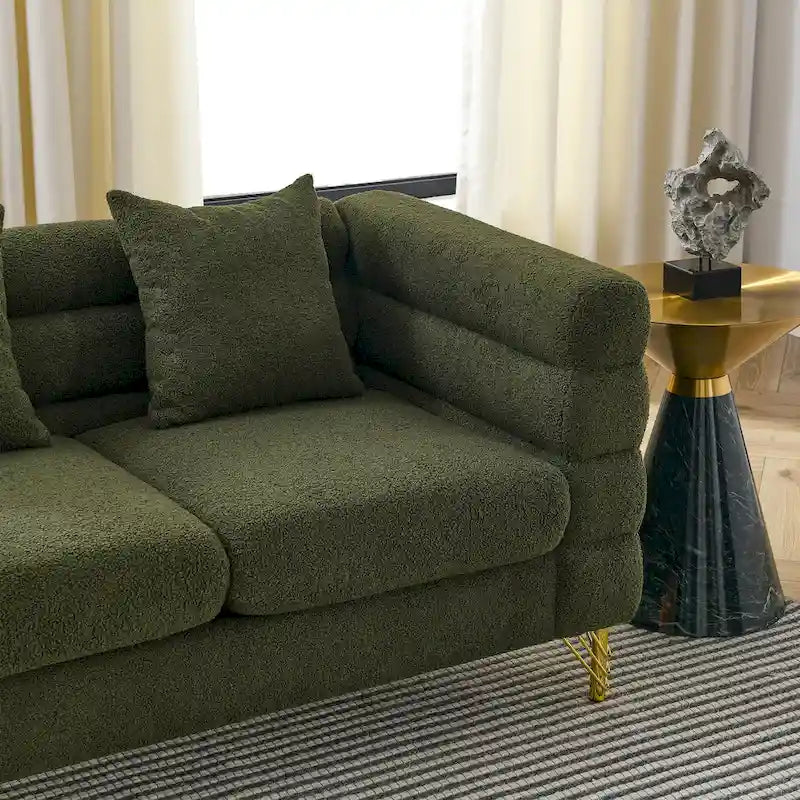 Canapé Art Déco 3 places en tissu Teddy, 3 coussins lombaires et pieds en métal doré — 205 cm