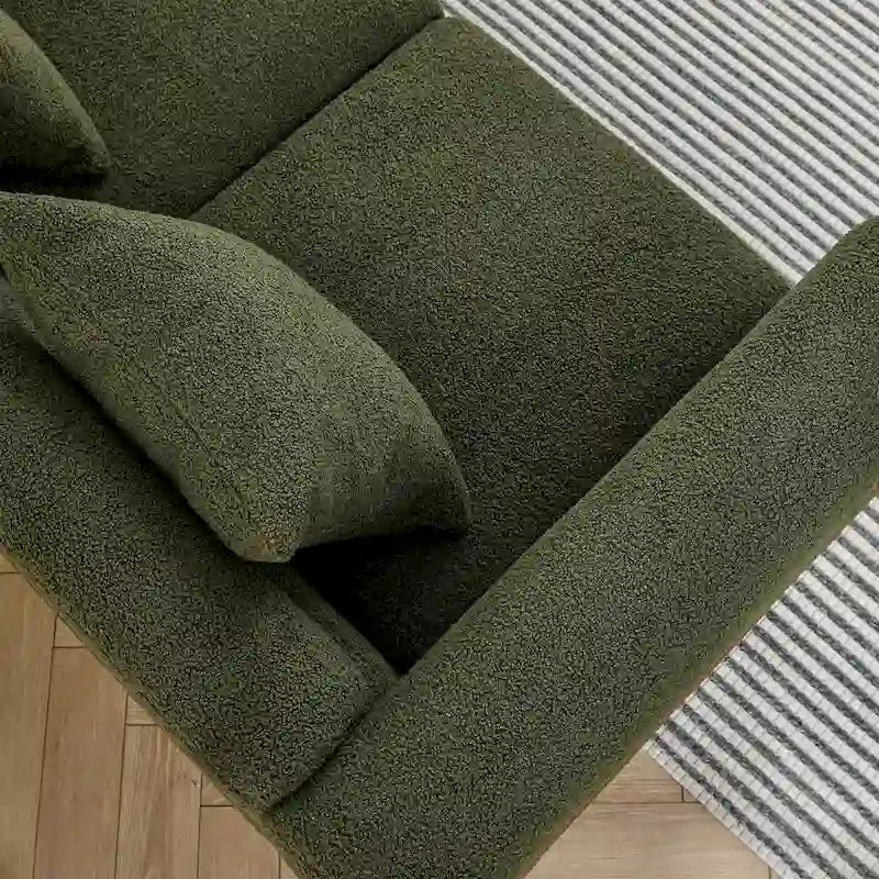 Canapé Art Déco 3 places en tissu Teddy, 3 coussins lombaires et pieds en métal doré — 205 cm