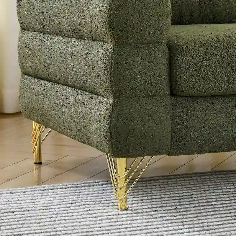 Canapé Art Déco 3 places en tissu Teddy, 3 coussins lombaires et pieds en métal doré — 205 cm