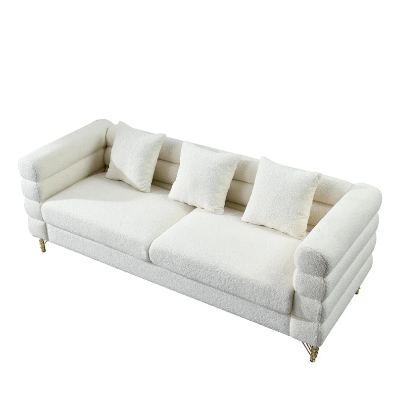 Canapé Art Déco 3 places en tissu Teddy, 3 coussins lombaires et pieds en métal doré — 205 cm