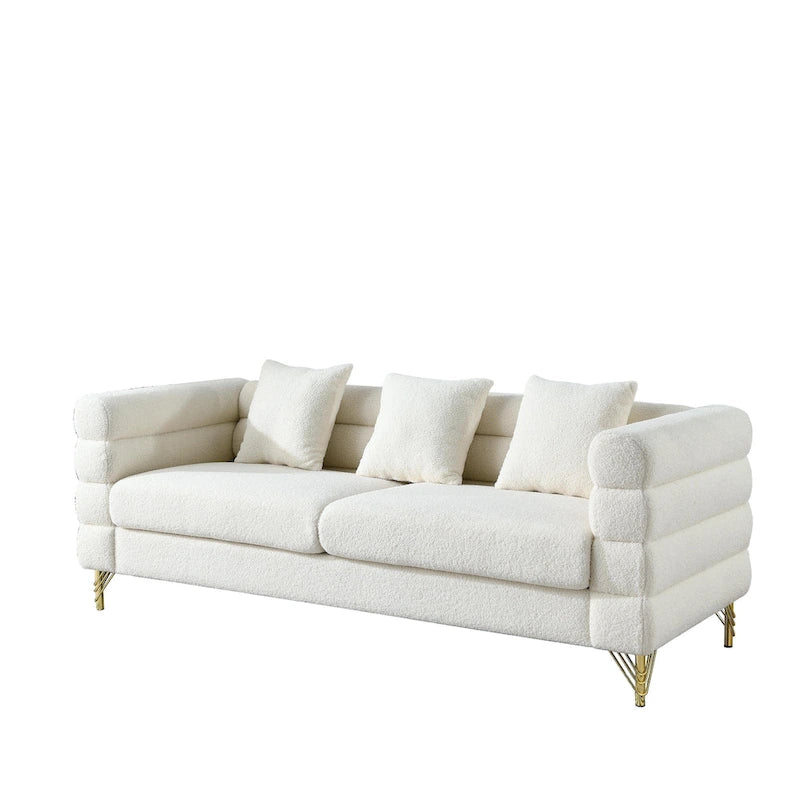 Canapé Art Déco 3 places en tissu Teddy, 3 coussins lombaires et pieds en métal doré — 205 cm
