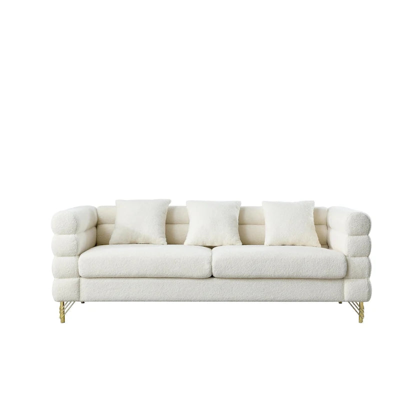 Canapé Art Déco 3 places en tissu Teddy, 3 coussins lombaires et pieds en métal doré — 205 cm