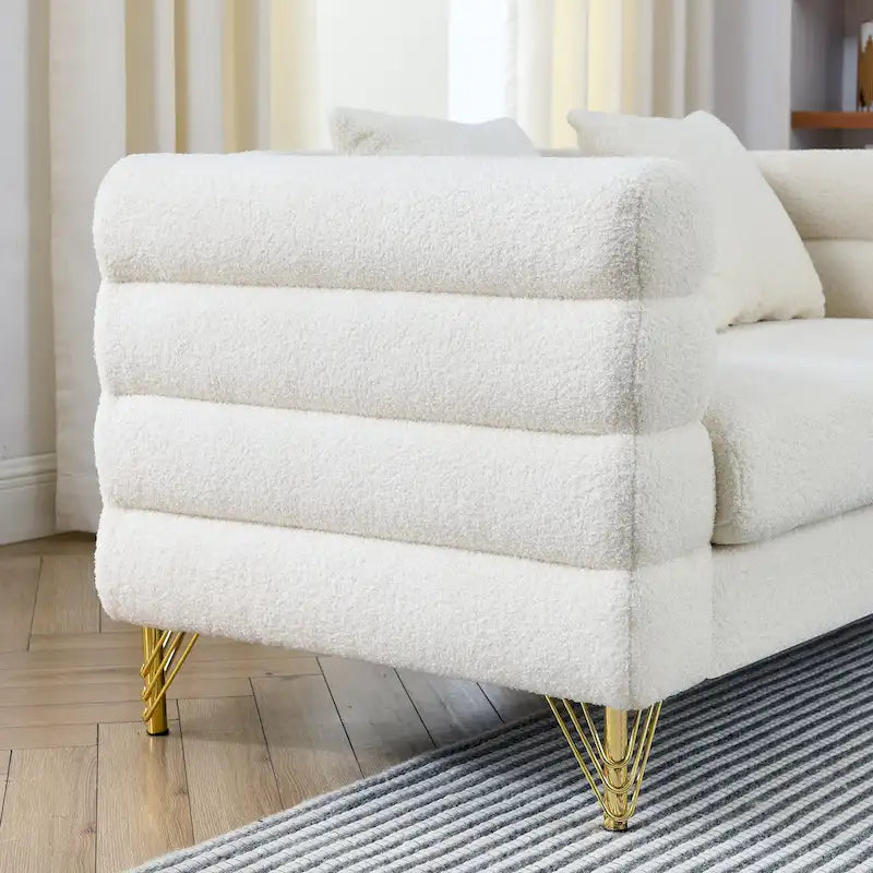 Canapé Art Déco 3 places en tissu Teddy, 3 coussins lombaires et pieds en métal doré — 205 cm